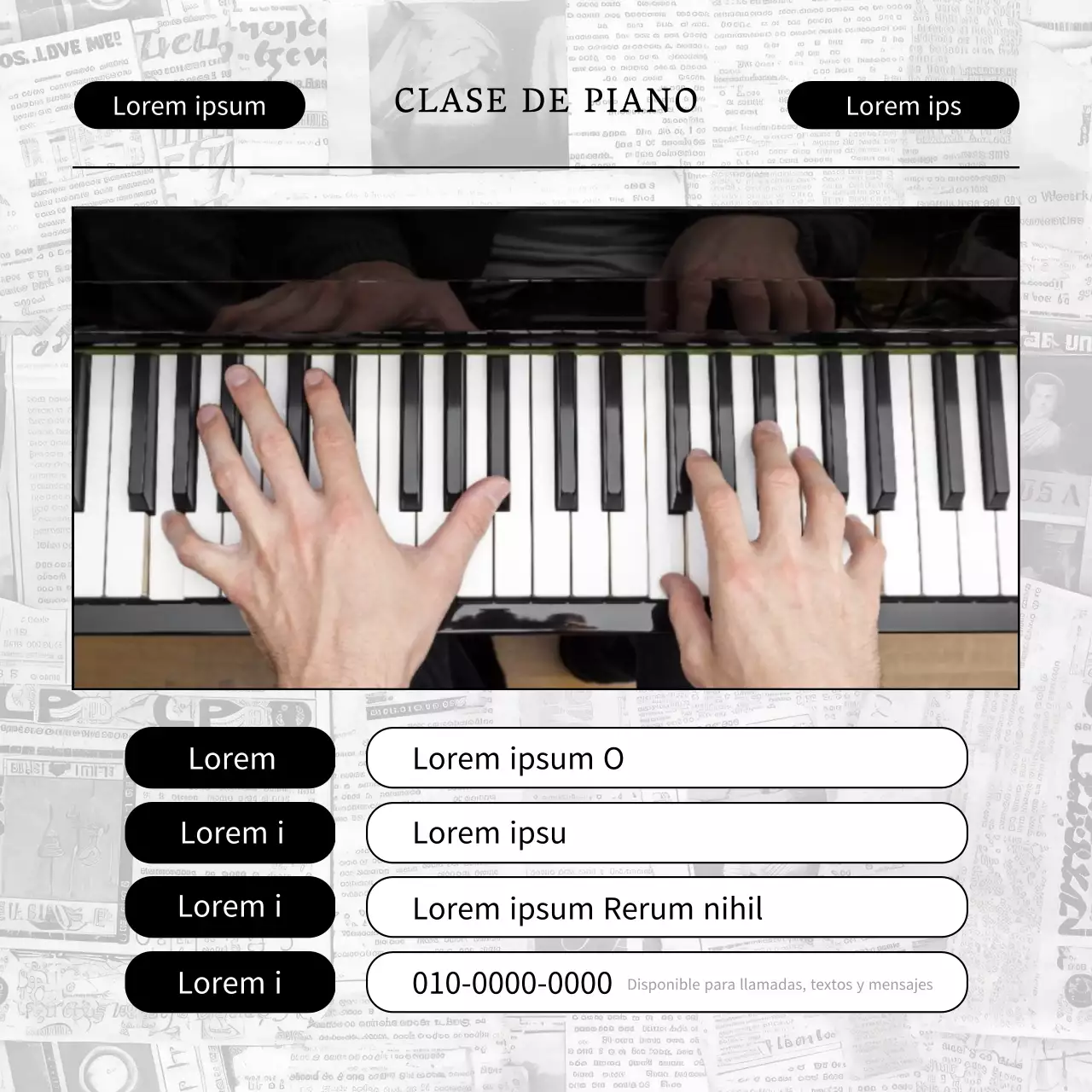 Anuncio moderno de contratación de estudiantes de piano en blanco y negro