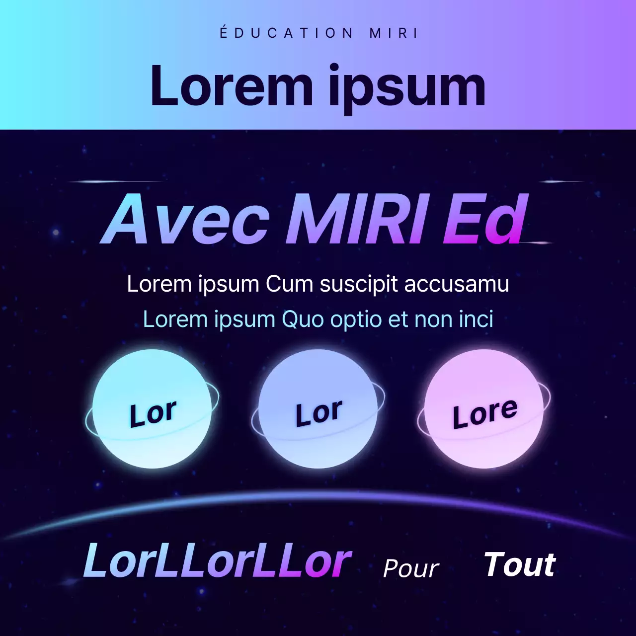 Promotion d'une conférence spéciale dans une académie avec une ambiance de science-fiction en bleu marine et violet