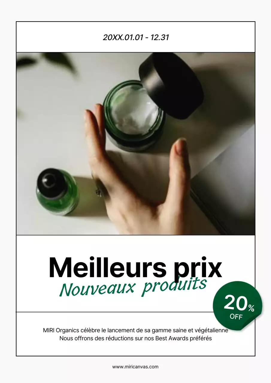 Affiche publicitaire pour un nouveau produit de beauté simple en vert et blanc