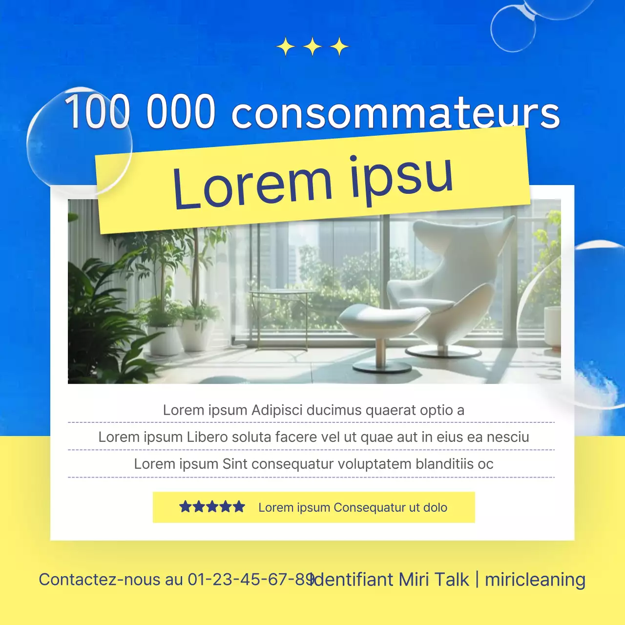 Faites la promotion de votre entreprise de nettoyage avec des accents bleu clair et jaunes.