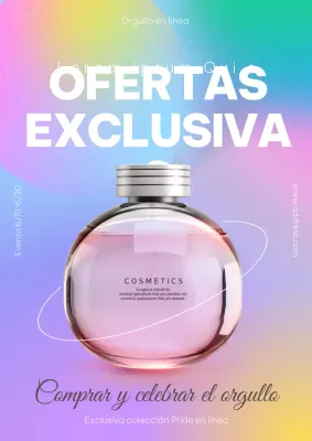 Elegante cartel promocional de productos de perfumería con fondo multicolor