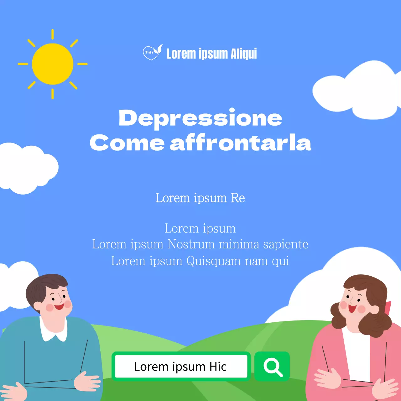 Un semplice centro psicologico in azzurro e chartreuse con informazioni su come superare la depressione.