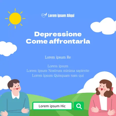 Un semplice centro psicologico in azzurro e chartreuse con informazioni su come superare la depressione.
