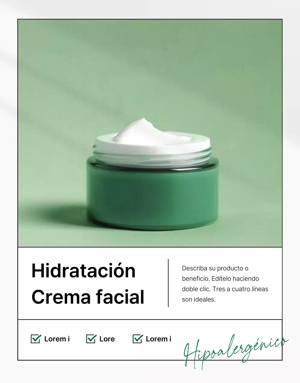Promover una sencilla página de descripción y detalles de cosmética natural verde y blanca