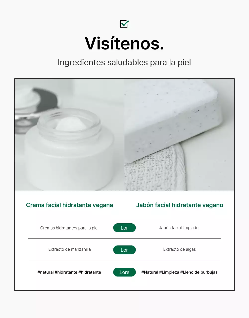 Promover una sencilla página de control de cosmética natural verde y blanca