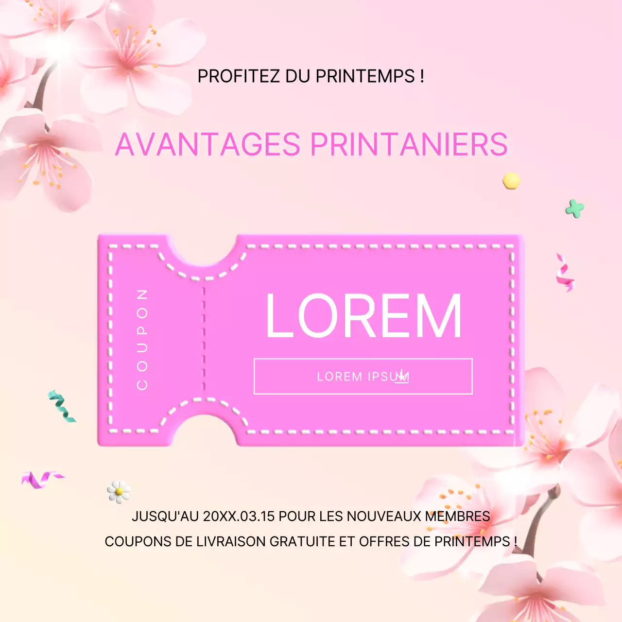 Une annonce de vente de printemps moderne en rose et violet