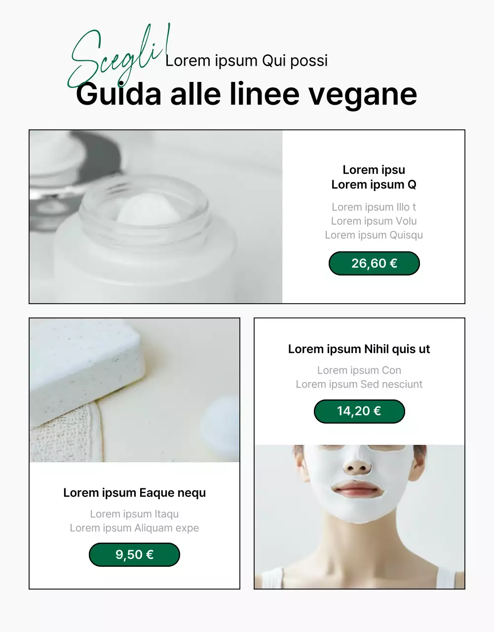 Promuovere una semplice pagina di descrizione e dettaglio di cosmetici naturali bianchi e verdi