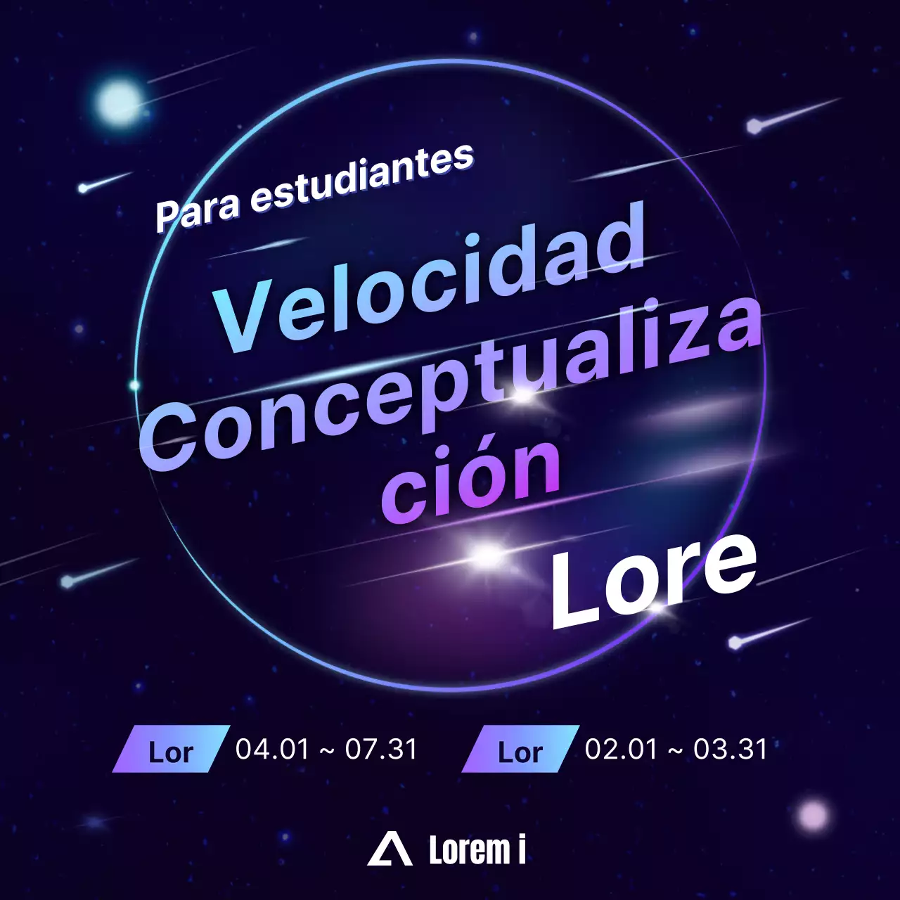 Promoción de una conferencia especial en una academia con aires de ciencia ficción en azul marino y morado.