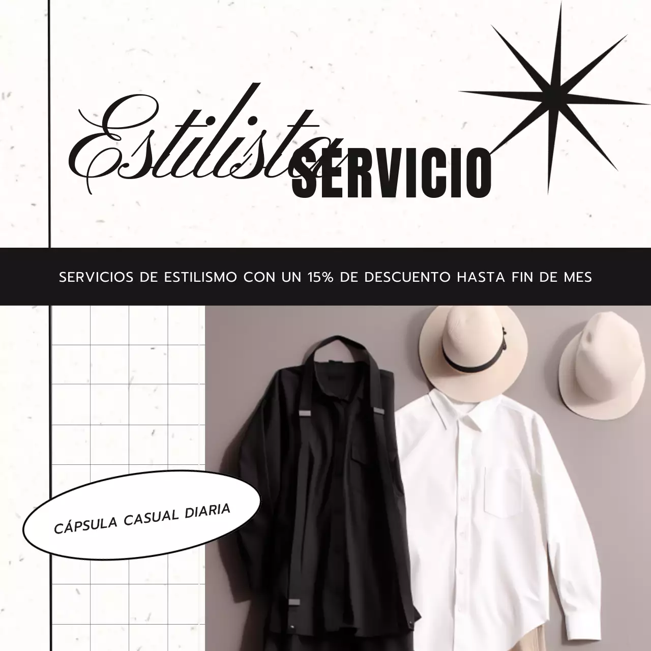 Anuncio de servicio de estilista de moda minimalista en gris y negro