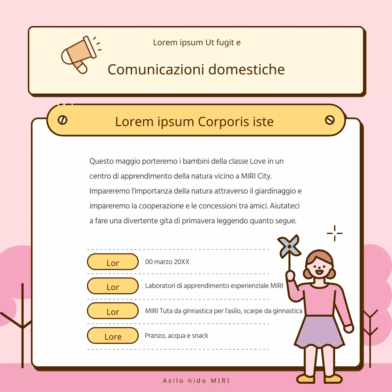 Una raccolta di simpatici annunci per l'asilo giallo e rosa