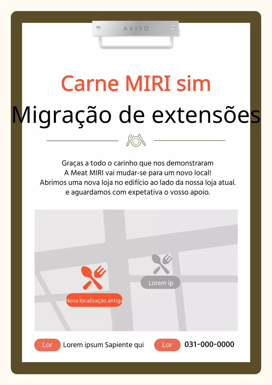 Um simples anúncio de mudança de loja em castanho e laranja