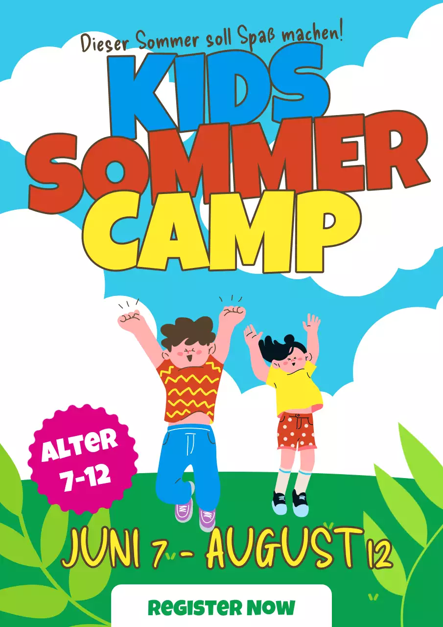 Werbung für ein hellblau-grünes Kinder-Sommercamp