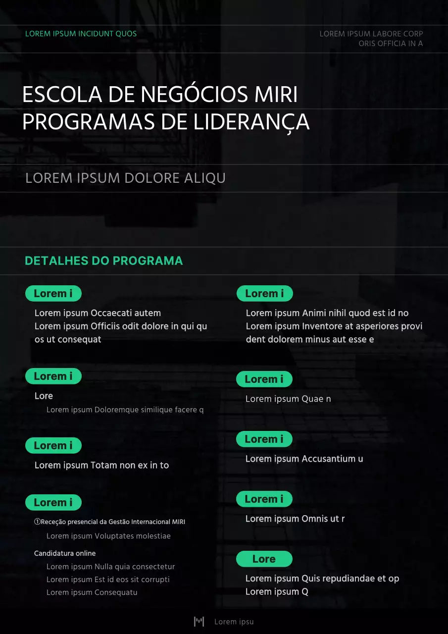 Um folheto simples de seminário de gestão em verde e preto.