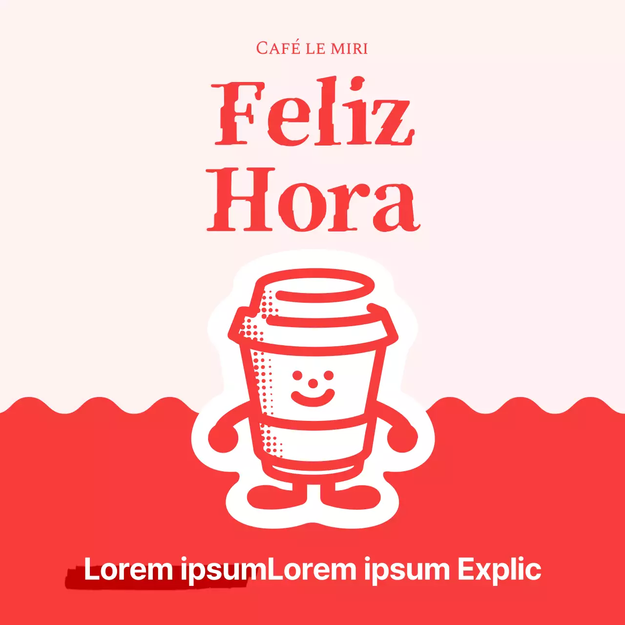 Sencillo anuncio de descuento en una cafetería con una simpática ilustración de un personaje en una taza roja