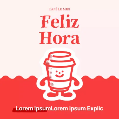 Sencillo anuncio de descuento en una cafetería con una simpática ilustración de un personaje en una taza roja