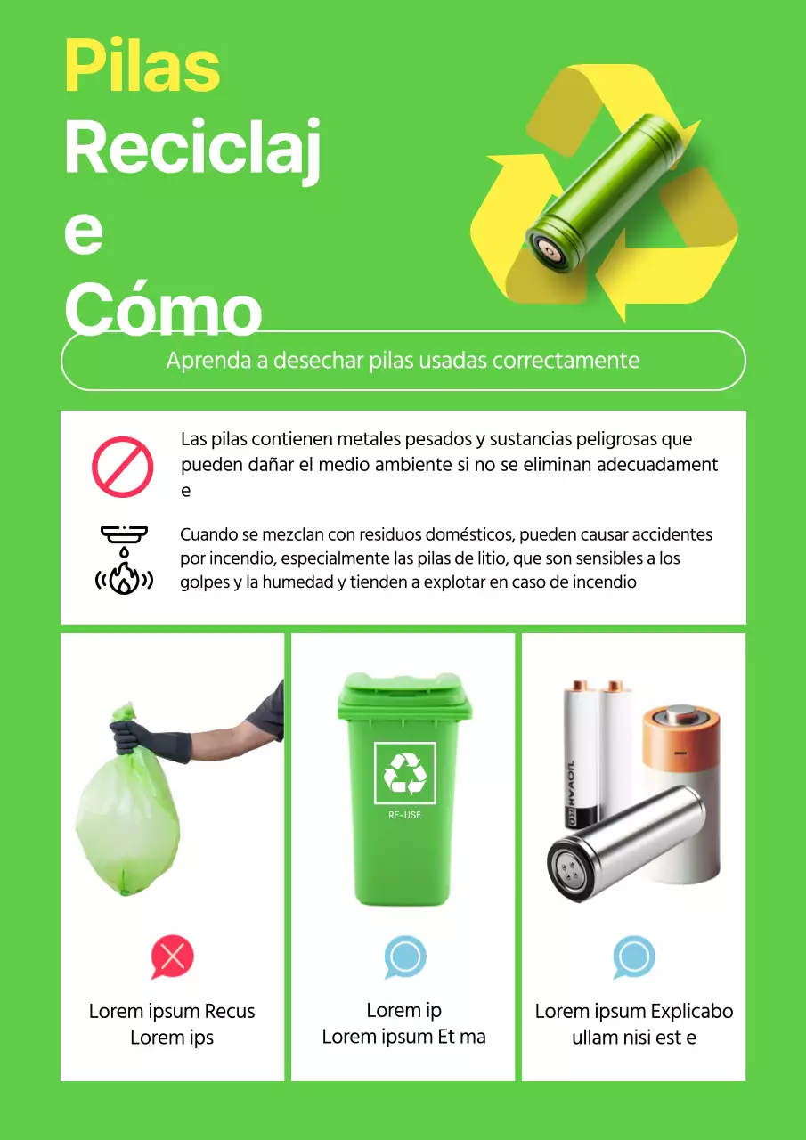 El aviso de reciclaje de pilas verde y amarillo de moda