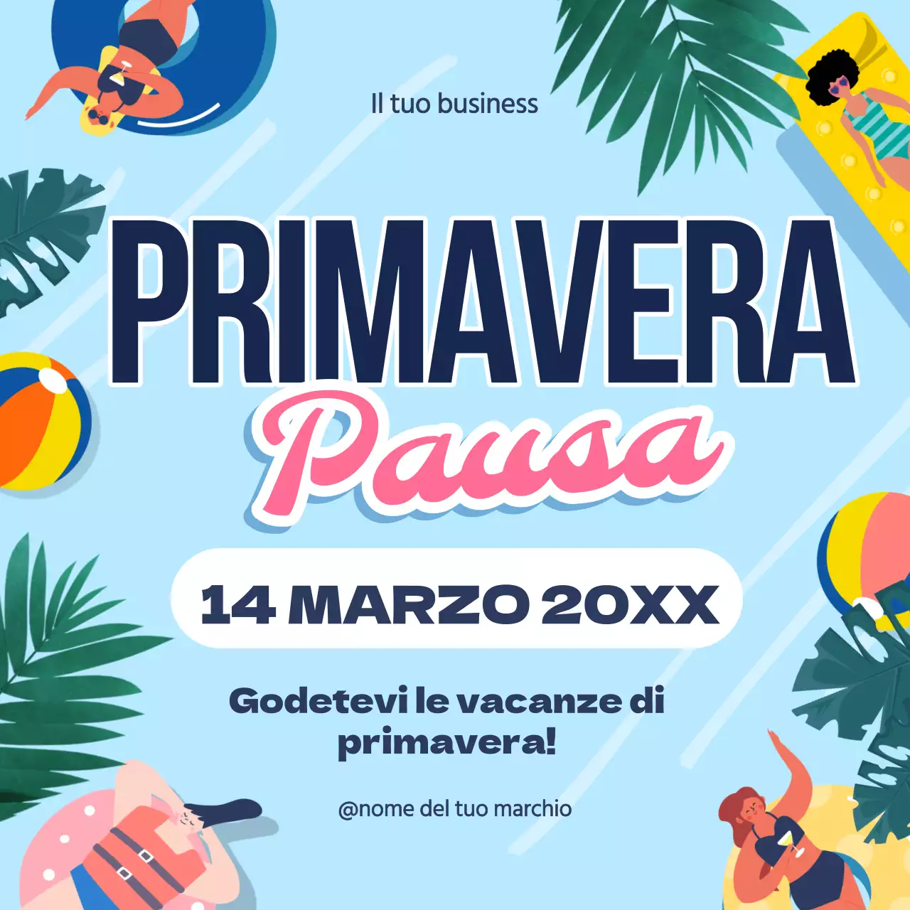 Annuncio di auguri per le vacanze di primavera tropicali blu e rosa