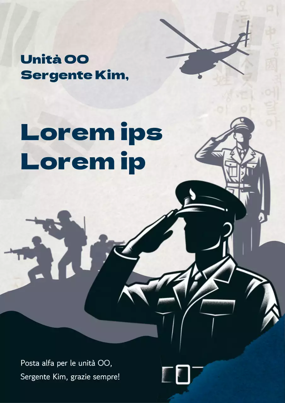 Avviso di promozione per soldati orientali blu navy e grigio