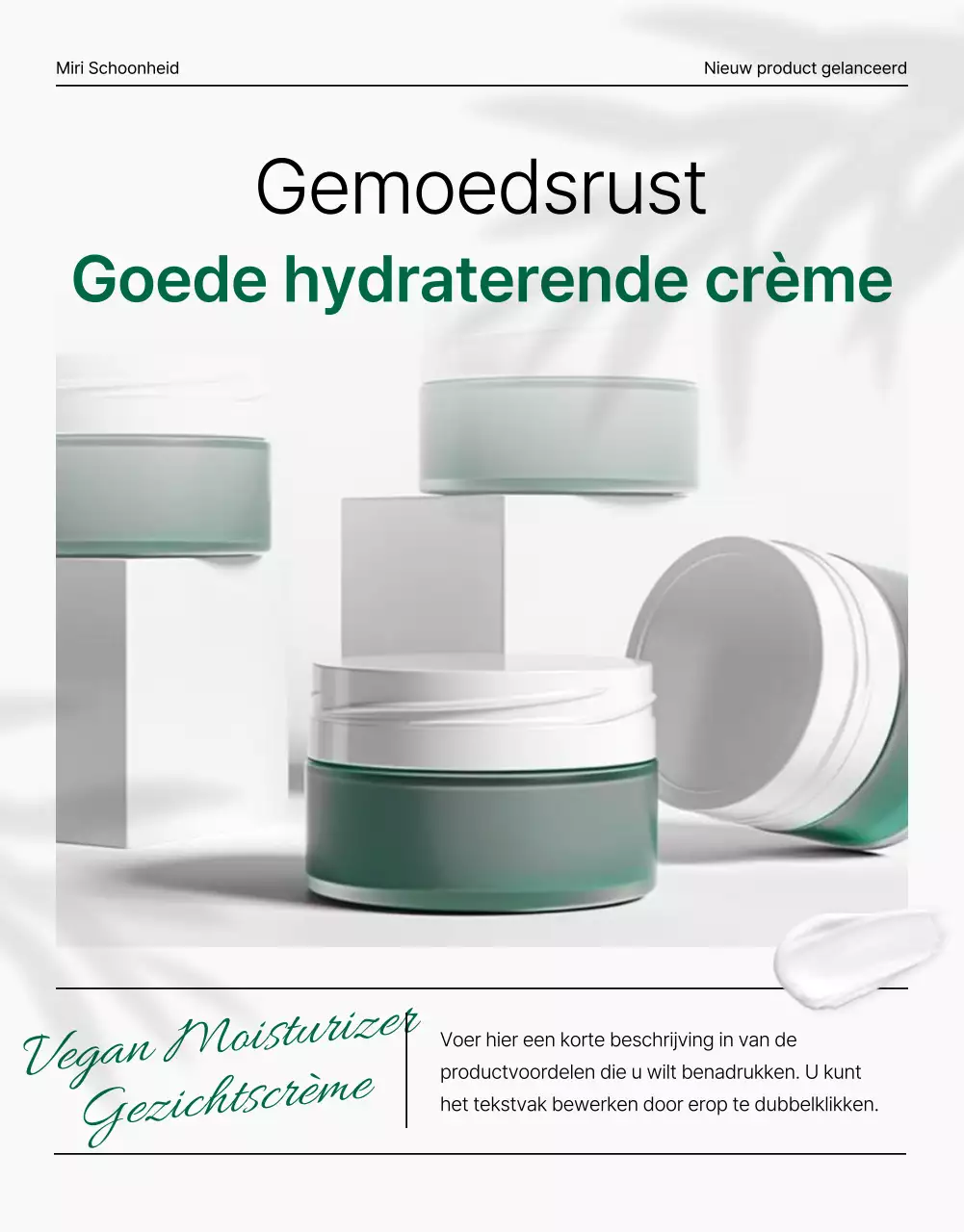 Promoot een eenvoudige, moderne, natuurlijke cosmetica voorpagina in groen en wit