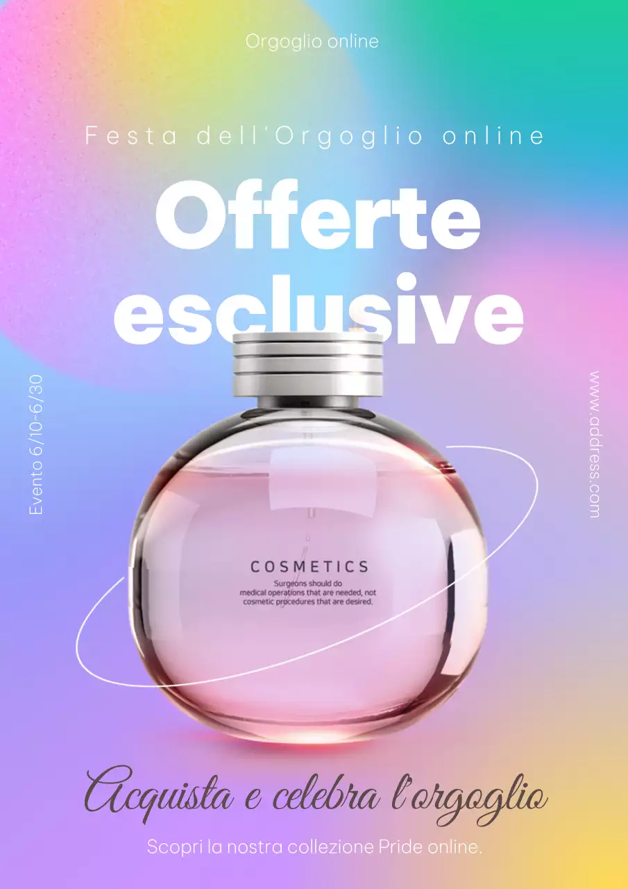 Elegante poster promozionale di prodotti di profumeria con sfondo multicolore