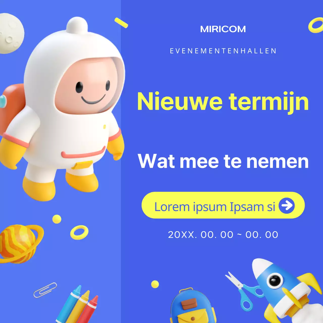 Promoot back-to-school evenementen met blauwe en fluorescerende kleuren