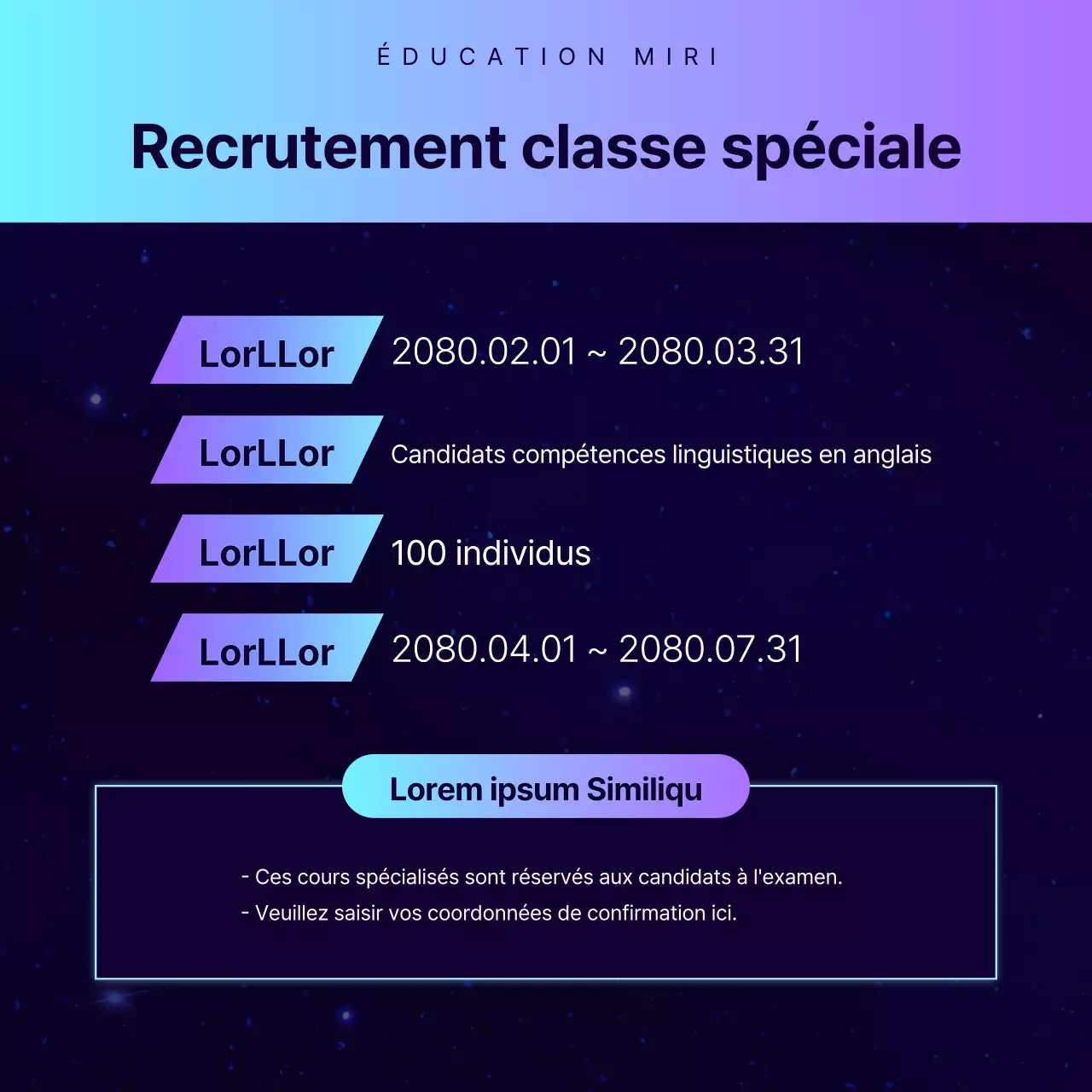 Promotion d'une conférence spéciale dans une académie avec une ambiance de science-fiction en bleu marine et violet