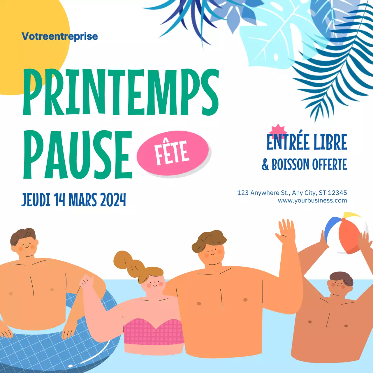 Publicité pour la fête de la semaine de relâche tropicale bleue et verte