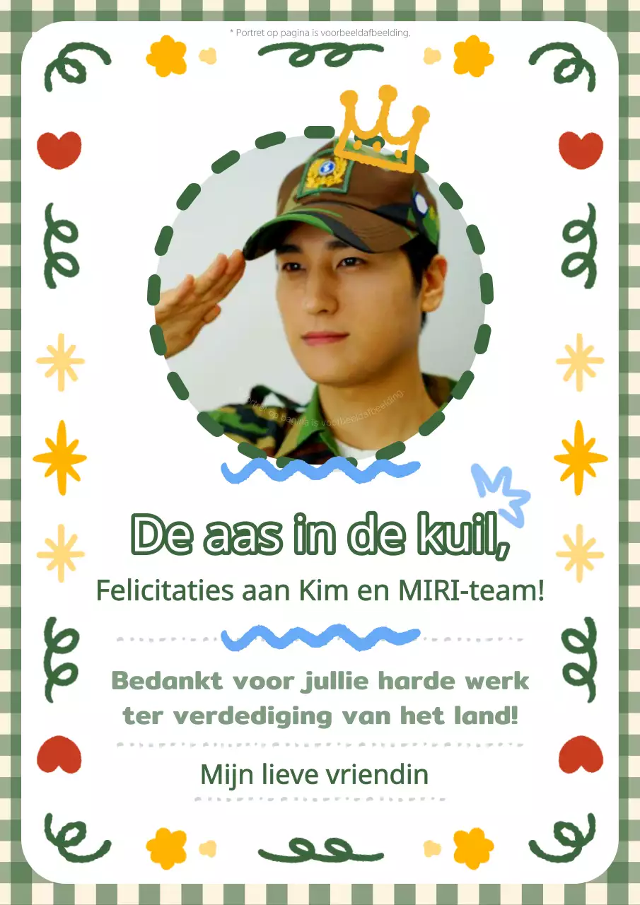 Schattig groen en geel militair pensioen felicitatie briefpapier