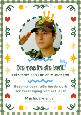 Schattig groen en geel militair pensioen felicitatie briefpapier