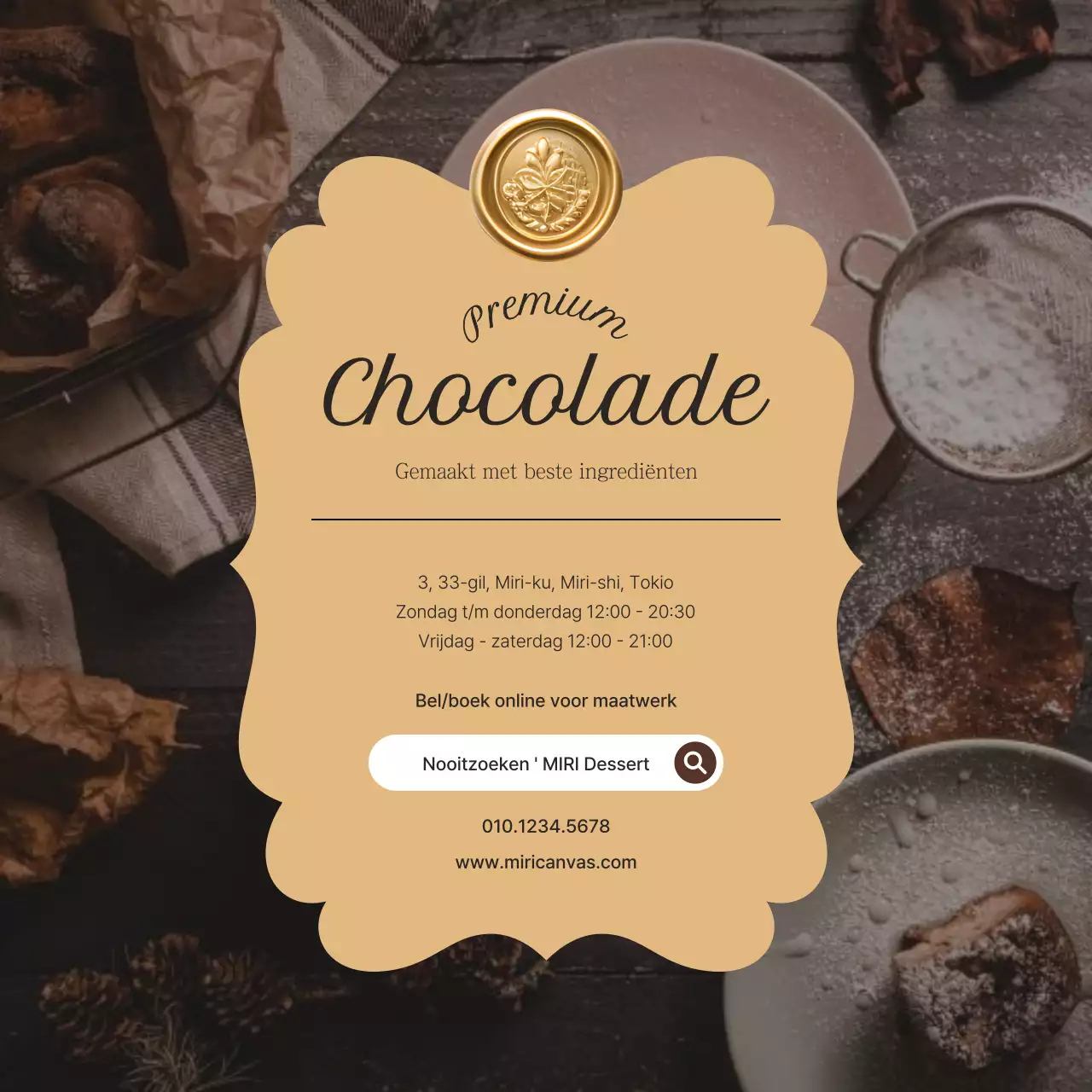 Klassiek dessertcafé in bruin en goud om je aankondiging te promoten