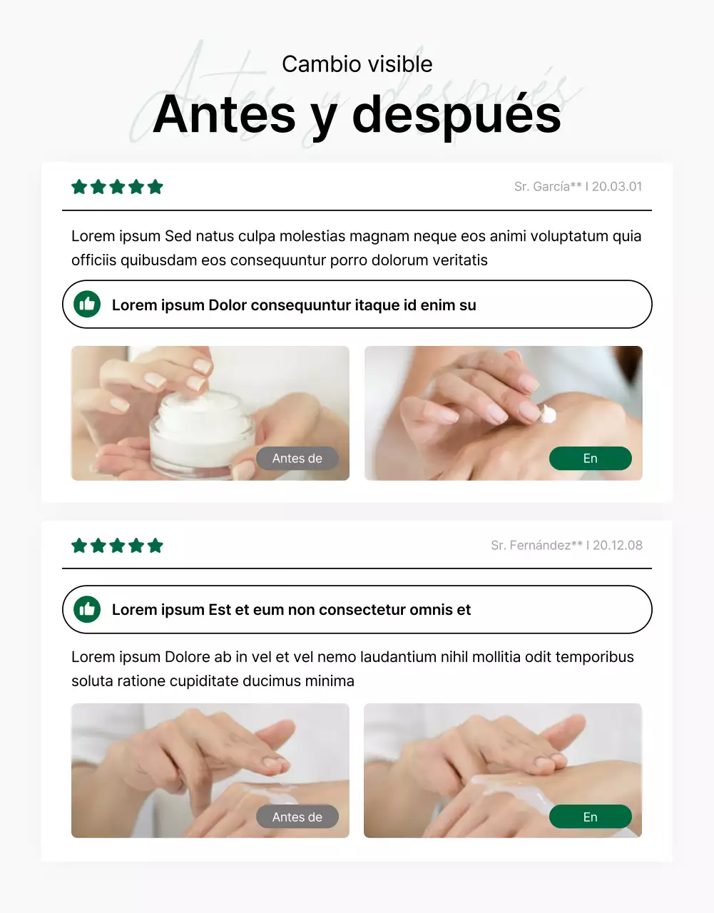Promover una sencilla página de reseñas de cosmética natural verde y blanca
