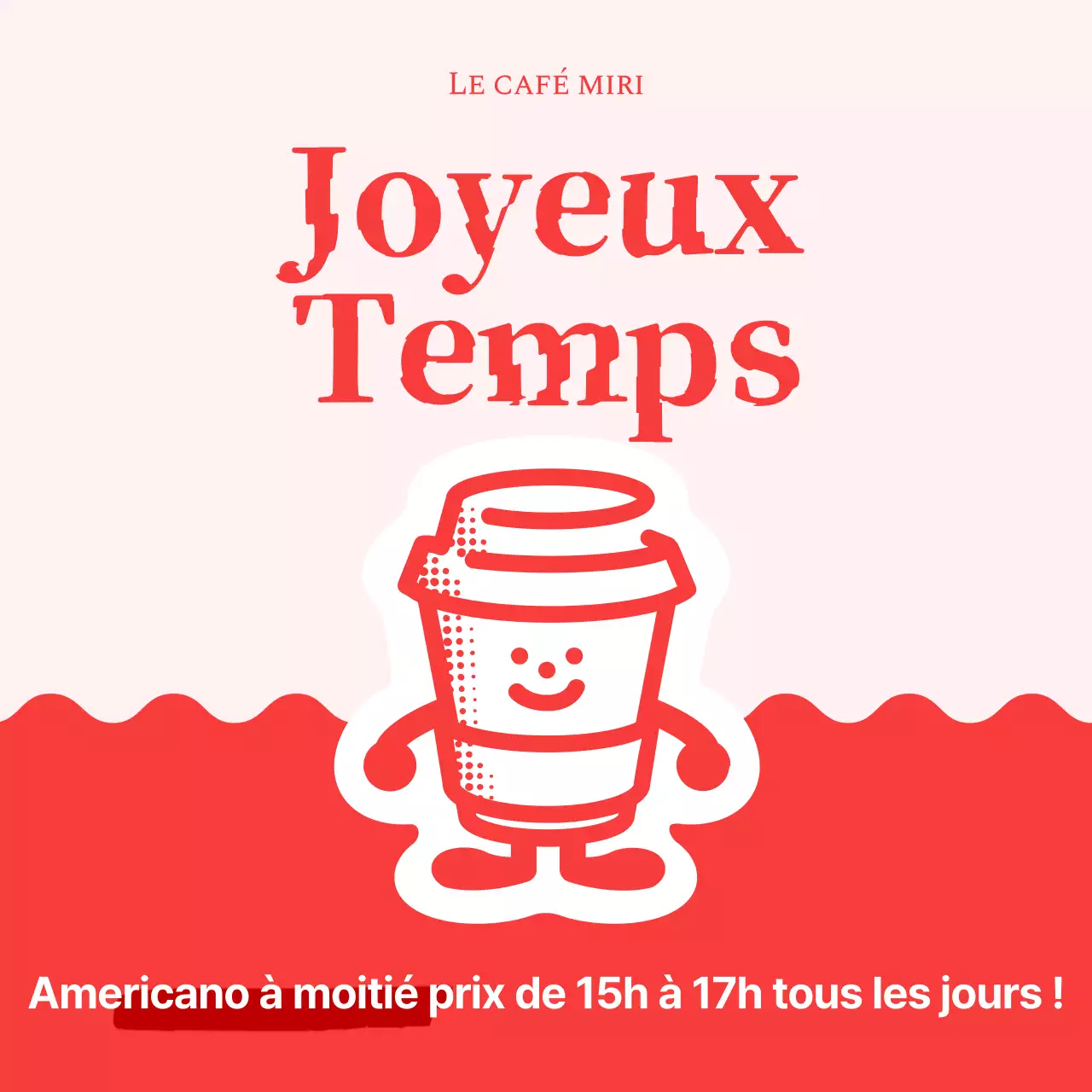 Publicité simple pour un café avec une jolie tasse rouge illustration d'un personnage