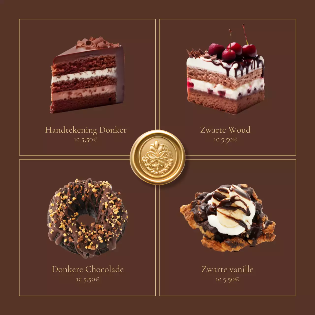 Klassiek dessertcafé in bruin en goud om je aankondiging te promoten