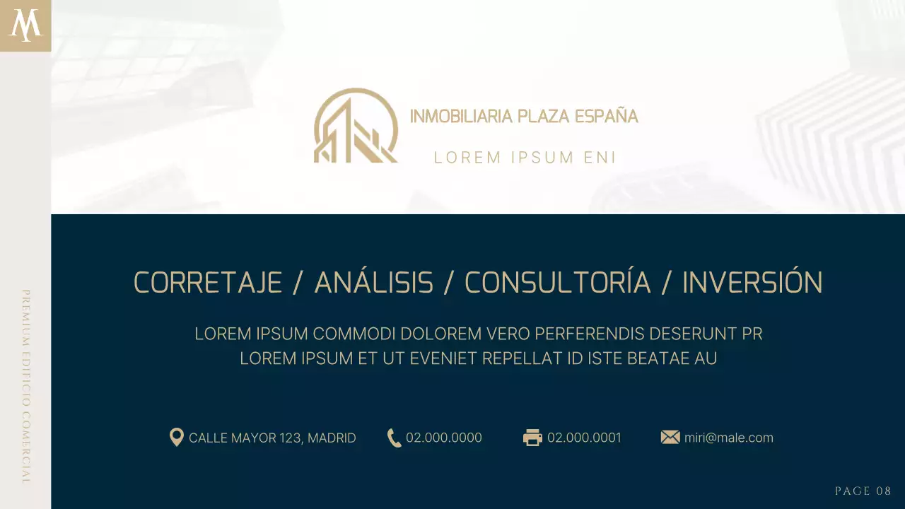 Un lujoso anuncio inmobiliario en azul marino y dorado
