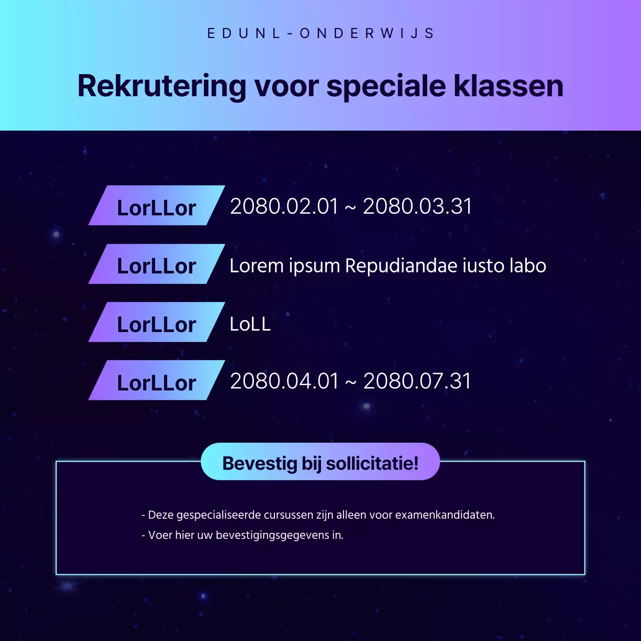 Promoten van een speciale lezing op een academie met een sci-fi gevoel in marineblauw en paars