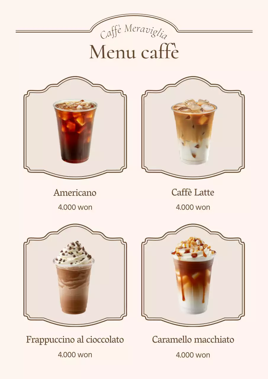 Pubblicità su un tabellone del menu di una caffetteria vintage in avorio e beige