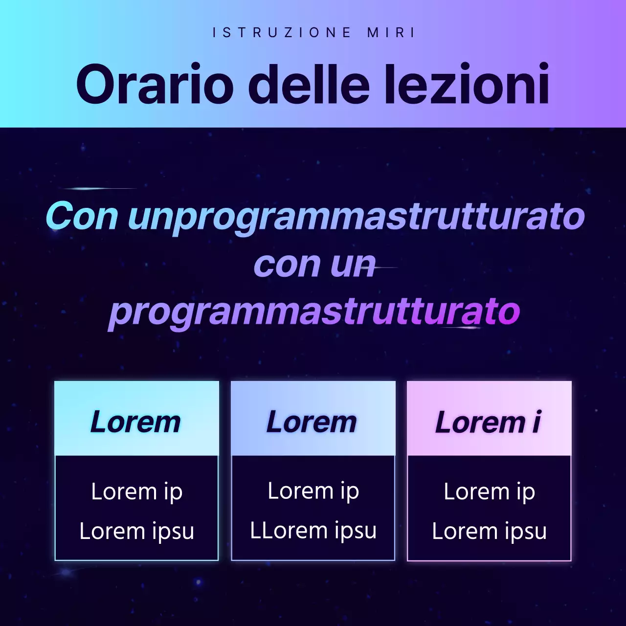 Promozione di una conferenza speciale presso un'accademia con un'atmosfera fantascientifica in blu navy e viola.