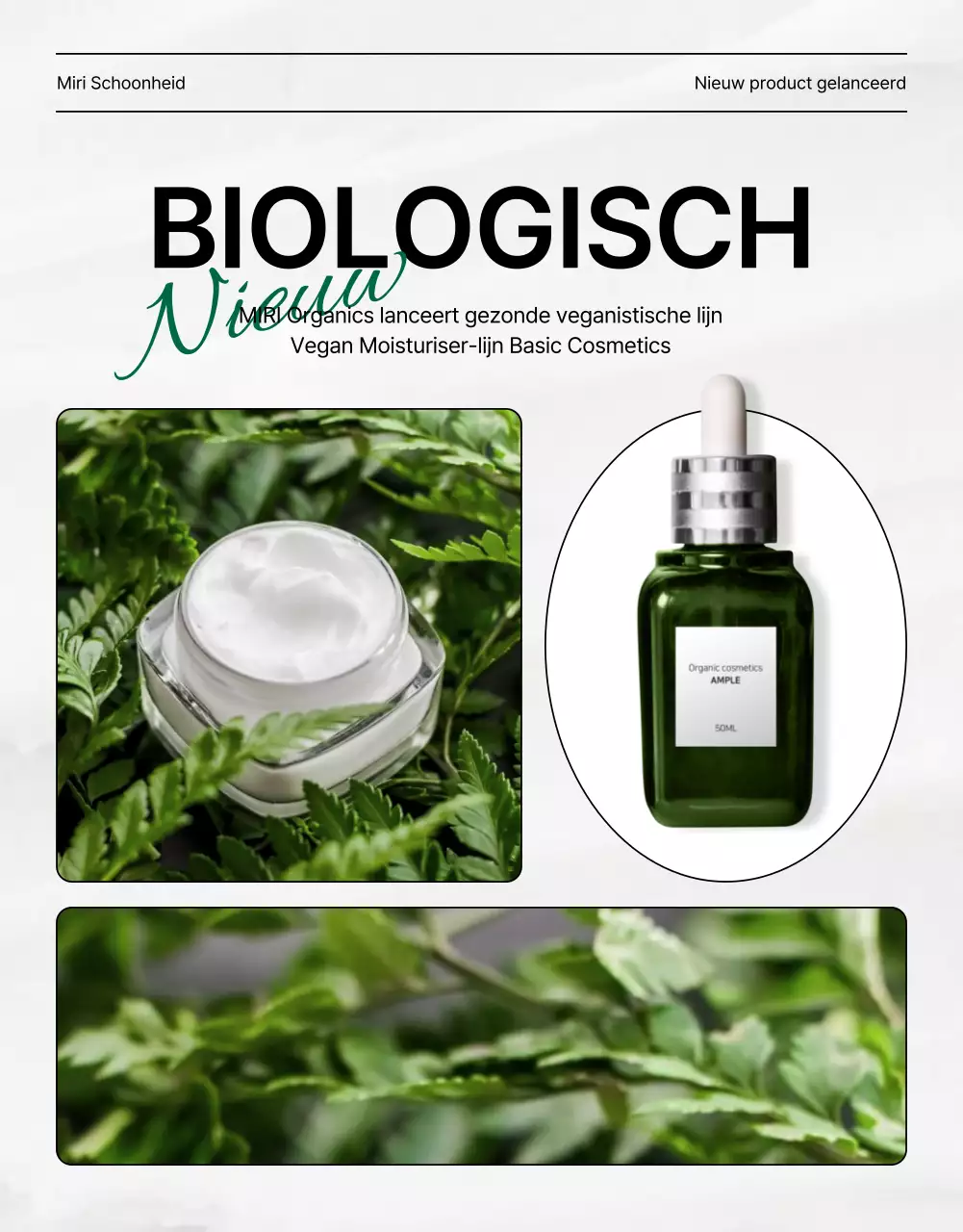 Promoot een eenvoudige, moderne, natuurlijke cosmetica voorpagina in groen en wit