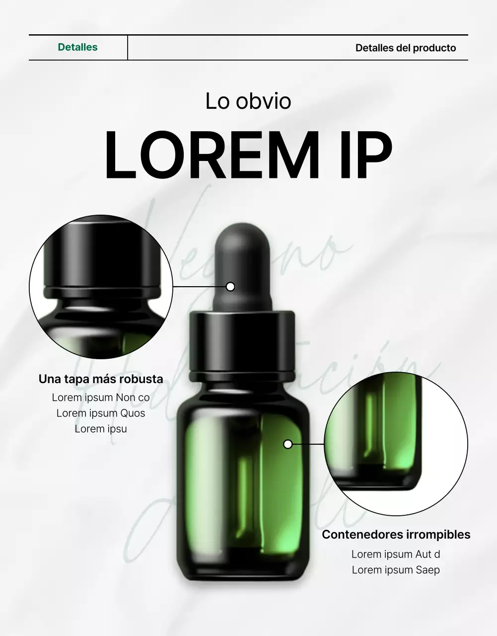 Promover una sencilla página de descripción y detalles de cosmética natural verde y blanca