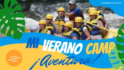 Promueve las aventuras tropicales del campamento de verano en azul claro y amarillo