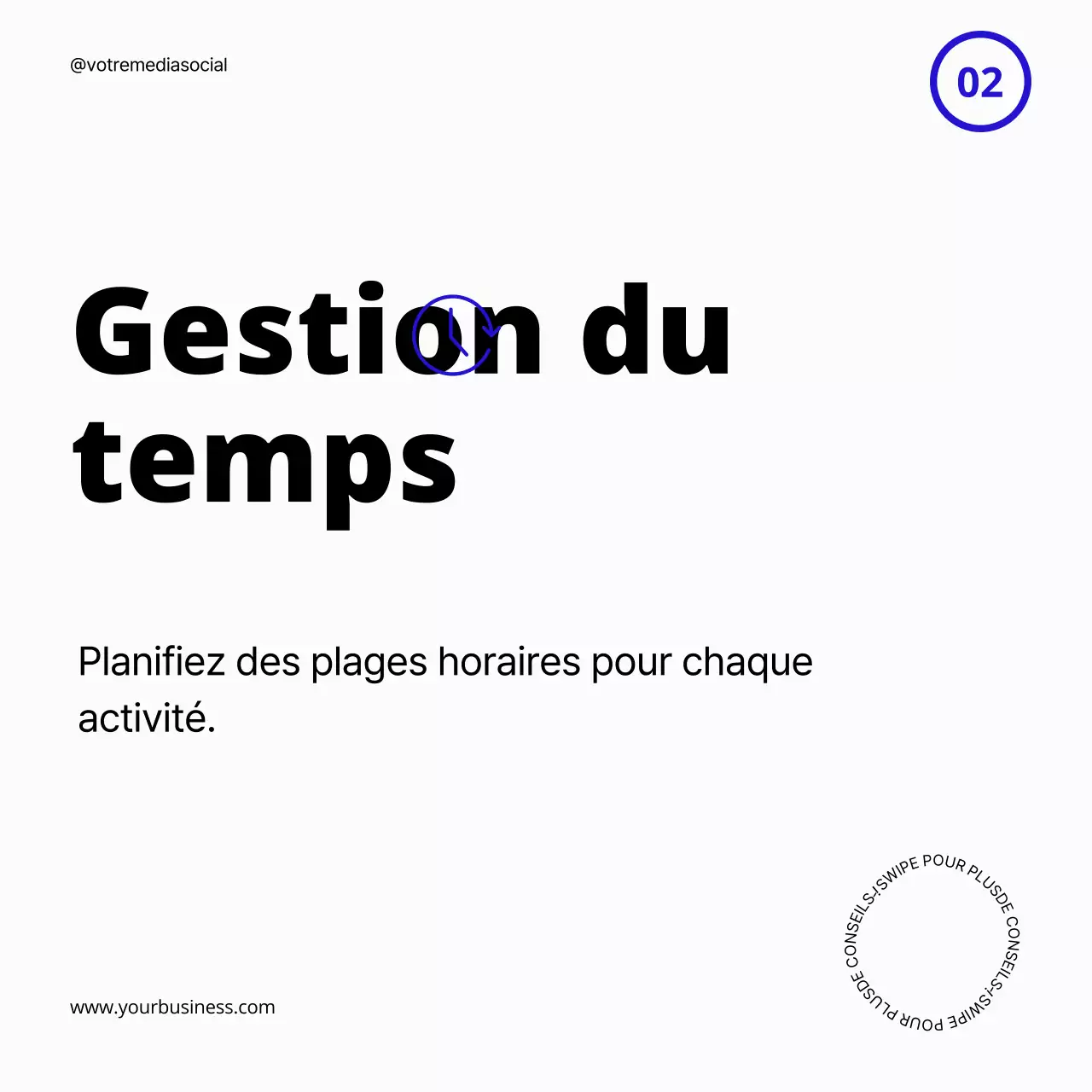 Guide de conseils de productivité blanc et bleu audacieux