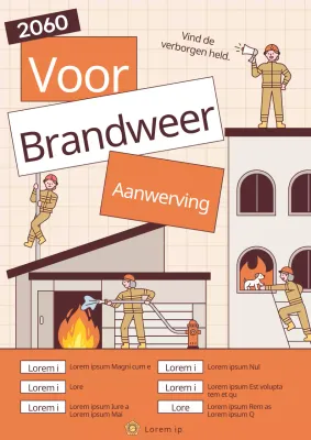 Oranje en bruine kitscherige gekostumeerde brandweerman rekrutering promoten