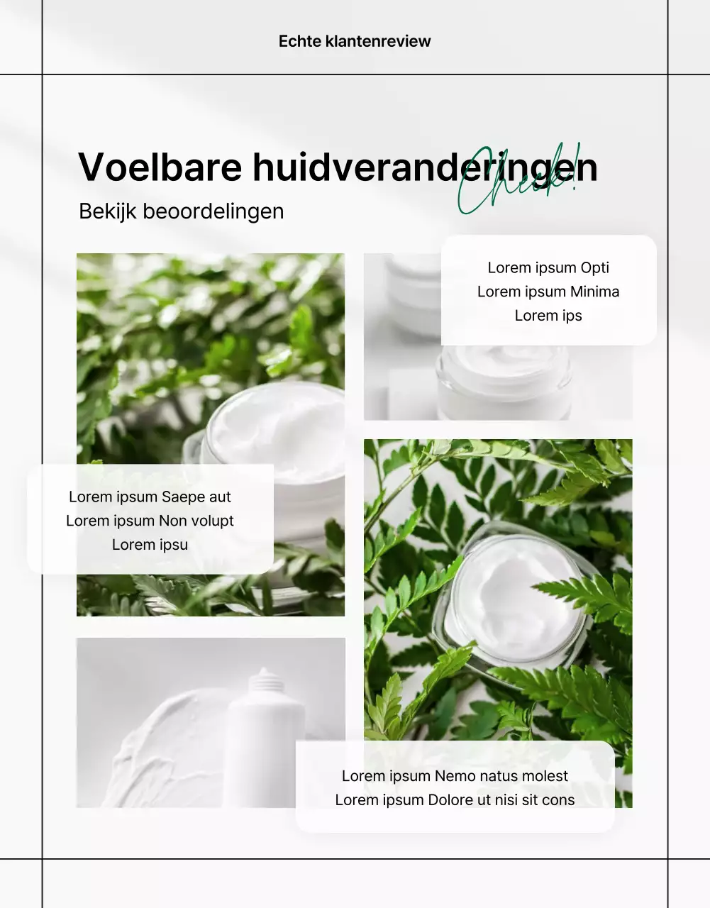 Een eenvoudige groen-witte pagina met reviews over natuurlijke cosmetica promoten