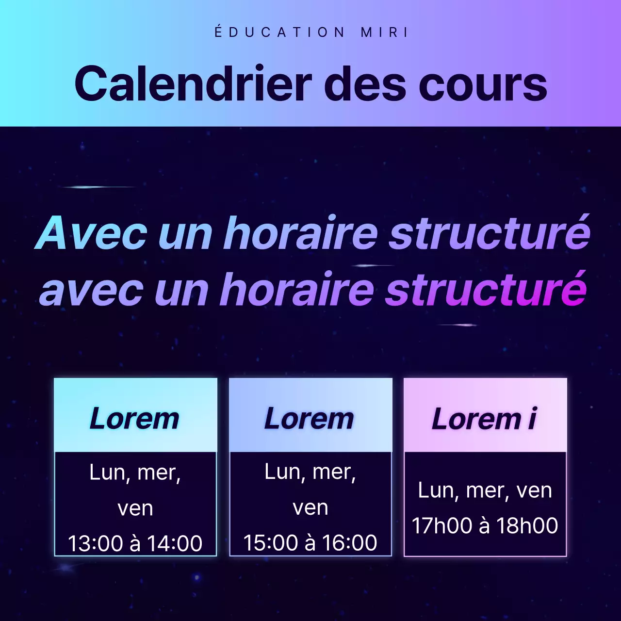 Promotion d'une conférence spéciale dans une académie avec une ambiance de science-fiction en bleu marine et violet