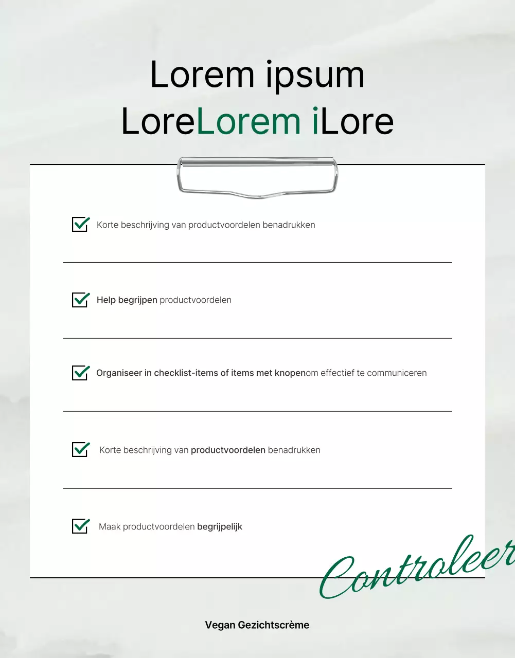 Promoot een eenvoudige groen-witte pagina met controlepunten voor natuurlijke cosmetica