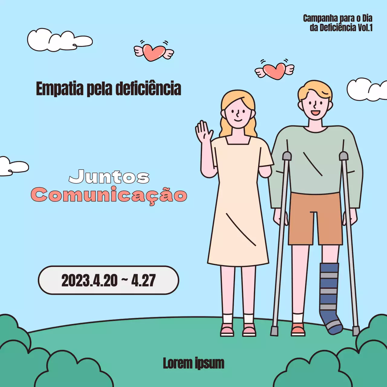 Promover eventos do Dia da Consciencialização para a Deficiência em azul claro e vermelho