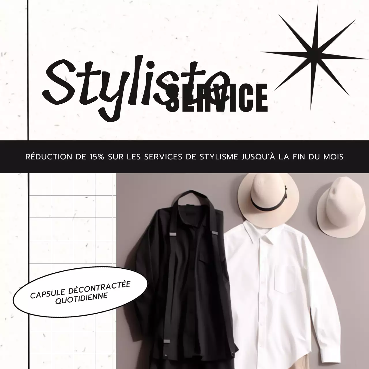 Service de stylisme de mode minimal gris et noir Annonce