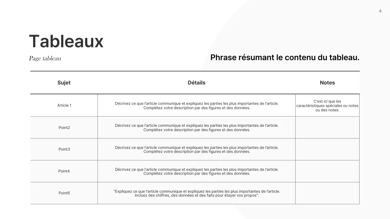 Rapports de base en noir et blanc