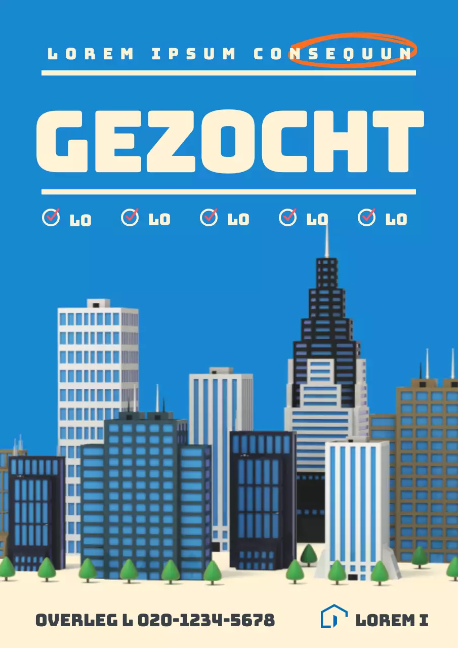 Een eenvoudige advertentie in blauw en ivoor voor een huis te koop