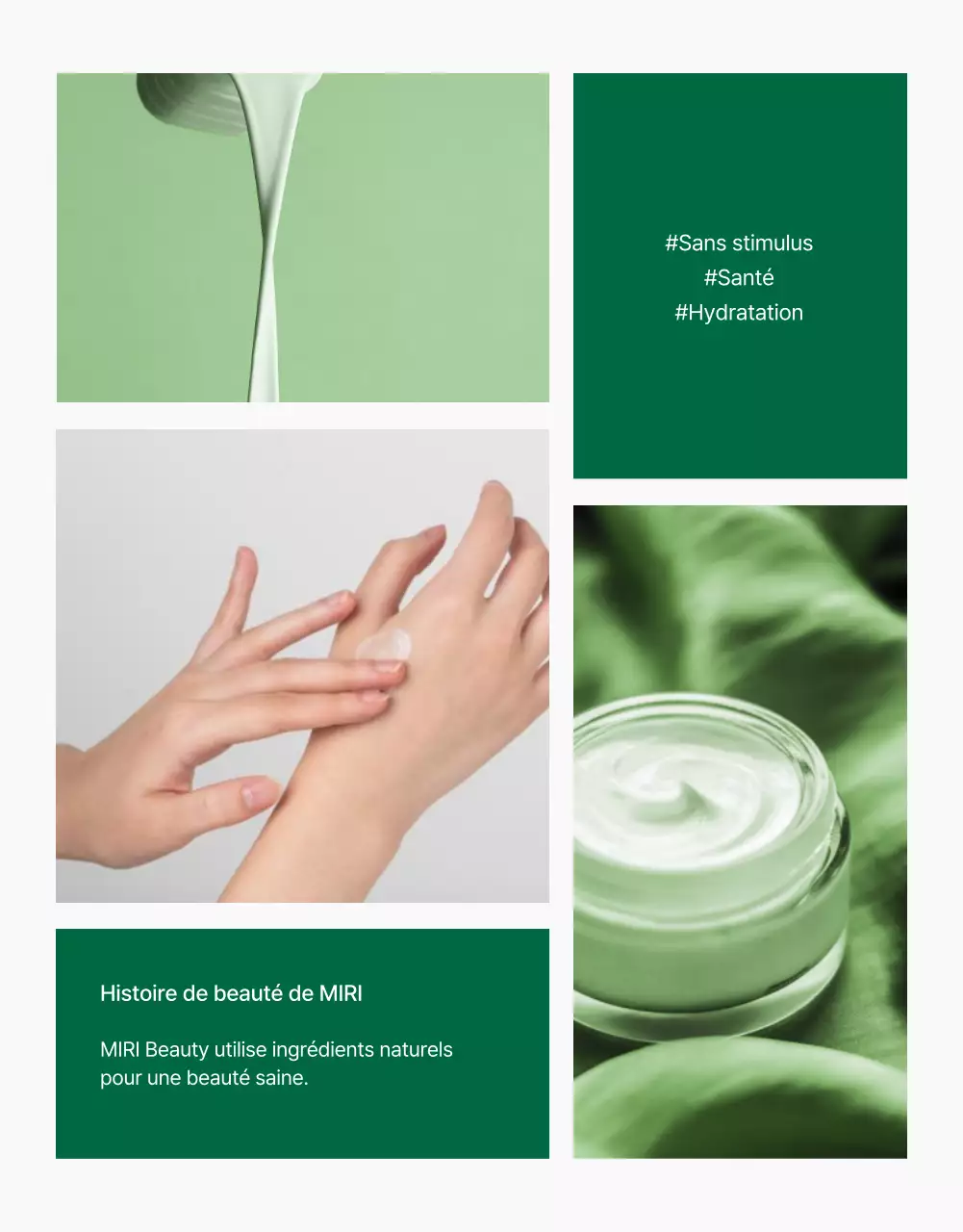 Mise en page simple de photos de cosmétiques naturels en vert et blanc pour promouvoir votre page